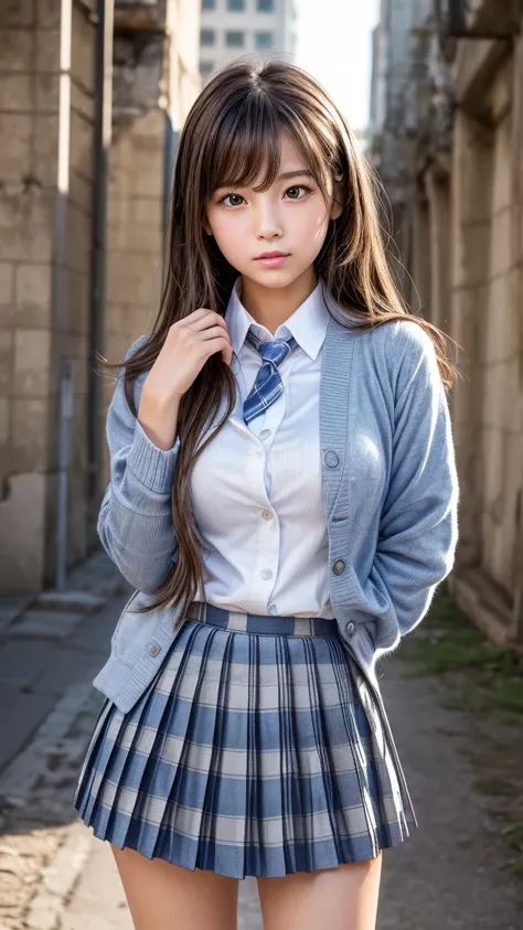 Masterpiece,Top quality,One girl,Cowboy shooting alone,Front view,Beautiful young Japanese girl,(8 head and body),18 years old,Daytime,(High school classroom:1.2),Girls uniform,Blazer,Cardigan,Shirt,Tie,(Super short blue checkered pleated micro mini skirt:...