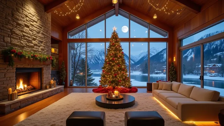 from below, a giant living room interior with a Christmas theme. The room features a large stone fireplace with a crackling fire, decorated with a garland of green leaves, red roses, and fairy lights. A beautifully lit Christmas tree with ornaments stands ...