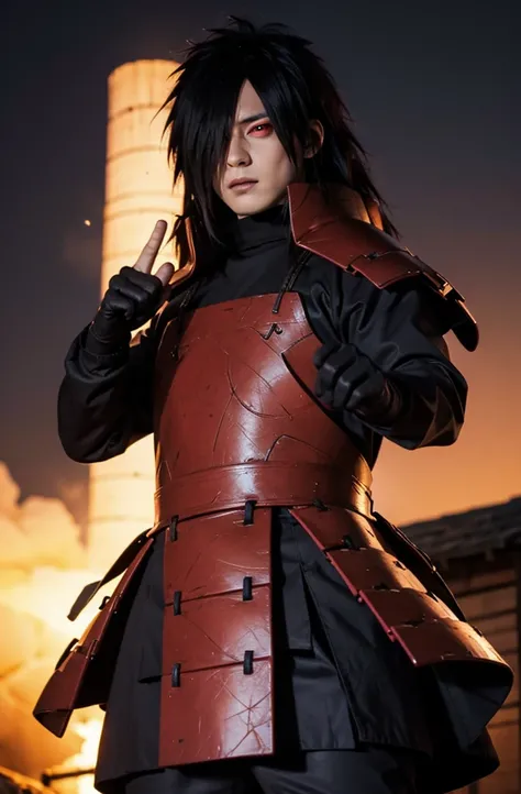 uchiha madara, long hair, hair over one eye, red eyes, glowing eyes, Mangekyo Sharingan eye, mix of ronin armor and long sleeve, black gloves, night, ninja pose