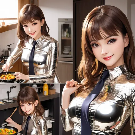 Mother and young daughter,  masterpiece, Lens reflection, Reflected light, In extremely tight shiny latex blouse with buttoned crocodiles pattern,  high resolution , Make-up,  seductive smile , Are in the apartment and while cooking,  brown hair , Bangs, N...