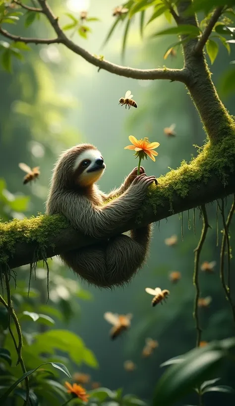 (Bees and Sloth, a dense tropical rainforest with vibrant green foliage and blooming flowers, the sloth hangs lazily from a low branch covered in moss, while a swarm of bees hovers nearby, the sloths fur is shaggy and tinted with green algae, and it holds ...