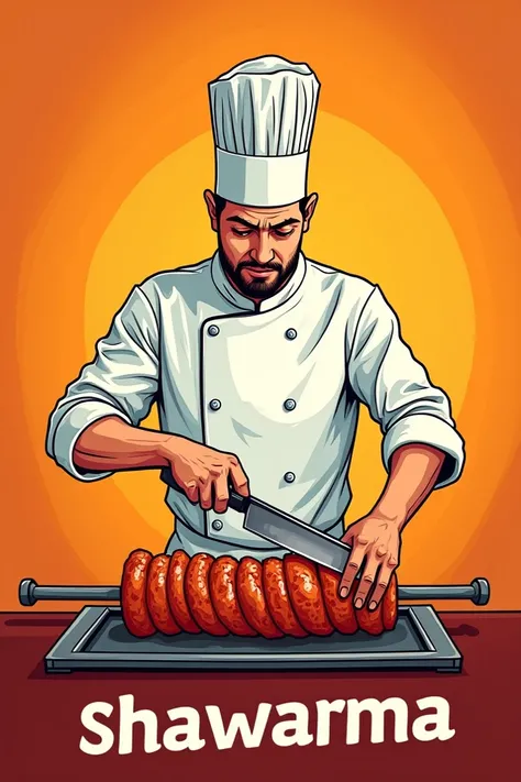 Create a poster use these background colors a darker orange at the edges to a brighter, almost yellow, orange in the center. 
Use a pic of illustration of a chef cutting donor kebab on pole with long knife use text  "SHAWARMA"
