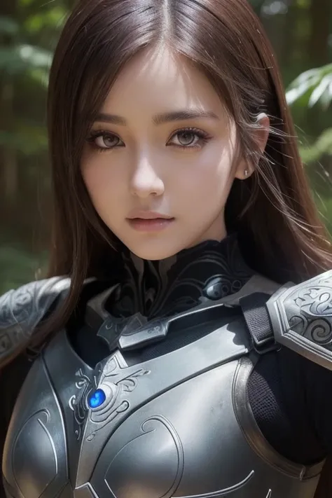 a sserafimsakura, perfect eyes, (ultra realistic:1.5), (standing in forest:1.2), (close-up photo:1.5), (black paladin armor:1.2), (intricate:1.2), (looking at camera:1.2), (best quality:1.2), 