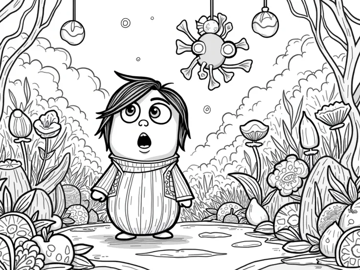 Create a black-and-white whimsical coloring page with Disgust from Inside Out 2. The scene should show a quirky garden filled with unusual plants and colorful fruits. Include fun details like strange flowers, funky leaves, and playful patterns in the backg...