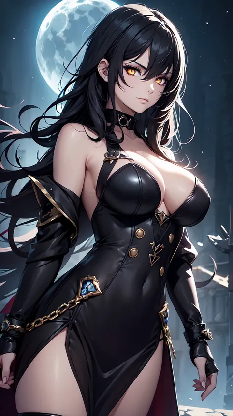 female, gothic style, black hair, glowing golden eyes, wearing a choker, wearing black robes, heavy eyeliner, like Morgana from Dragon Age, cunning face, sly smile, looking down at viewer, long messy wavy hair, night, at night with dark sky, light rays fro...