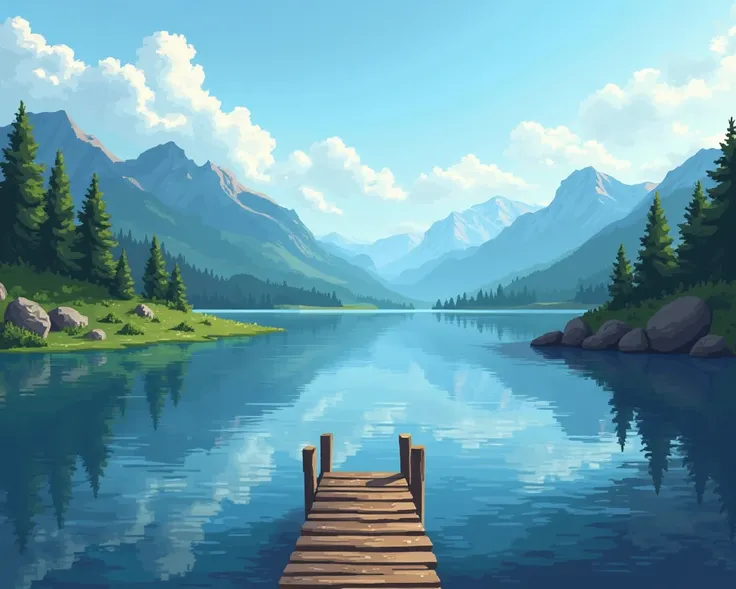 image of a medium-sized, visible lake with a green margin, a wooden pier ,  a bank and mountains in the background in pixel art, With an aspect ratio of 420 by 280, with color palette with cold shadows and warm highlights
