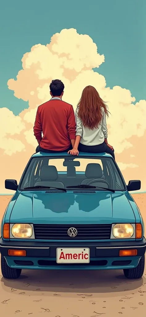  I want you to create an image to print as a sticker of a couple sitting on the hood of a blue hobby escort 1994.  I want you to use exactly the people I placed in the inspiration image and I want you to write americ in the image . The style of the image s...