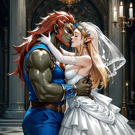 (( best quality)), ((masterpiece)), ( Details), （ perfect face）、Love each other at a gorgeous wedding venue, Ganondorf and Princess Zelda in a gorgeous bridal gown passionately hug each other, give a deep kiss, love each other passionately, pledge eternal ...