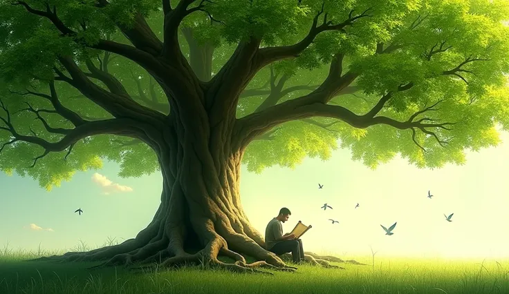  A man is seated under a gigantic tree ,  whose branches form an impressive canopy of bright green leaves .  He holds a scroll , calmly reading ,  as little birds fly around them and sunlight penetrates through the leaves.  The ground is covered with dense...