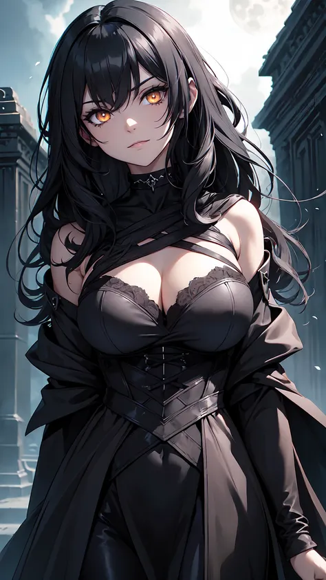 female, gothic style, black hair, glowing golden eyes, wearing a choker, wearing black robes, black cloak, heavy eyeliner, like Morgana, cunning face, sly smile, looking down at viewer, long messy wavy hair, night, at night with dark sky, light rays from m...