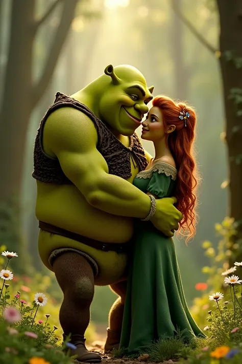 Shrek and Fiona being ogres in love cuddling