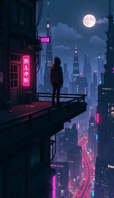 Anime illustration of a cyberpunk cityscape at night, featuring a neon-lit skyline with glowing signs, towering futuristic buildings, and a full moon in the background. On a ledge overlooking the city, a lone figure wearing a hoodie stands, their back faci...