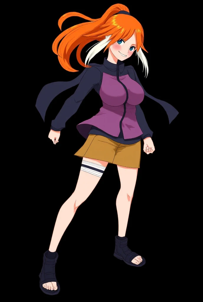 Naruto Character ( FOURTEEN YEARS ).  full body . Made in anime style Naruto Shippuden .  straight fire-colored hair with two white locks highlighted on the front. The hair flying in the wind. loose hair. pale skin.  blue-green eyes . smile. a beautiful gi...