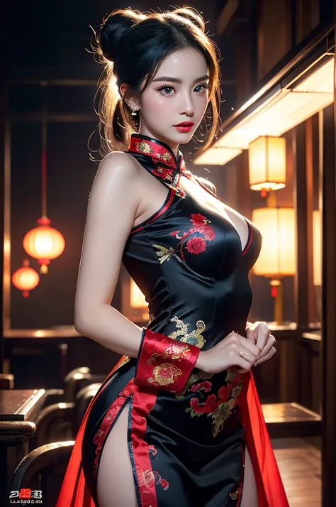 Redra(best quality,ultra-detailed,realistic:1.37), digital illustration, ( woman wearing a chinese traditional ฺBlack costume), detailed eyes and face, beautiful detailed lips, red lips, sexy body, big breasts,long eyelashes, big breasts:1.5, (Close-up pho...