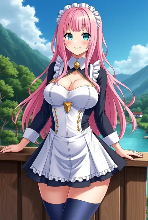 25-year-old adult woman with long pink hair with a vibrant shade.  Her eyes are large and bright blue ,  with a friendly expression . She wears a fitted one-piece maid outfit ,  with details in black and decorative lines in gold.  The suit reveals her neck...