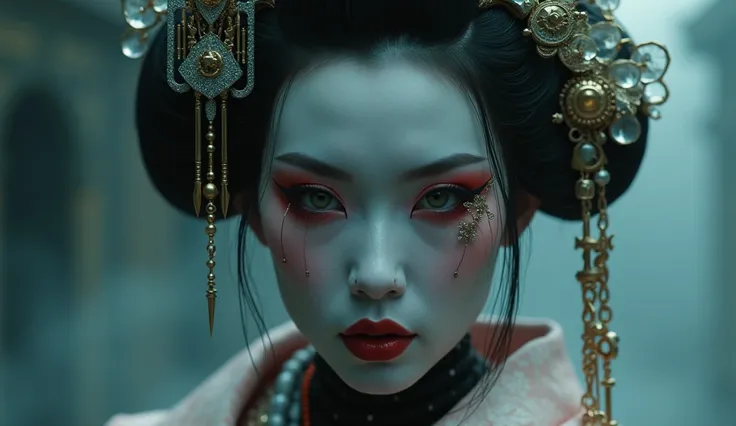 ((Highest quality)), ((masterpiece)), Close Up shot of a Geisha, cyborg parts, creepy, dark movie atmosphere, fog, natural light, cyberpunk background