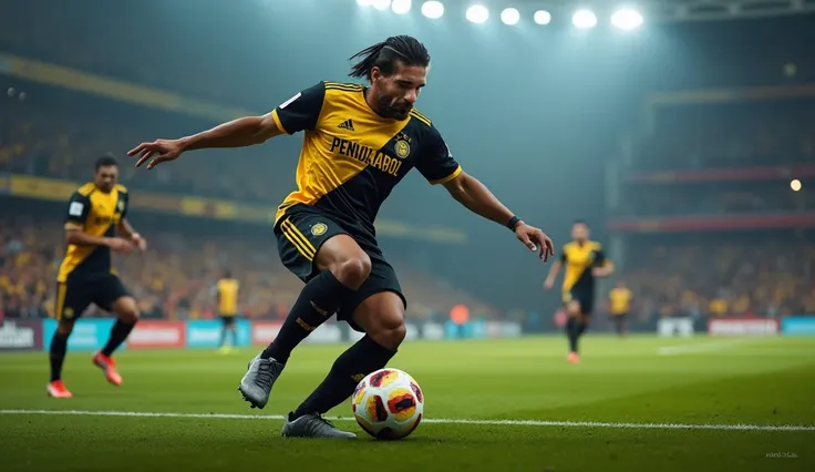 A highly detailed photo of a person playing soccer, wearing the Peñarol team uniform, against Cerro Porteño, 1 person, cinematic lighting, dynamic action pose, realistic sports uniform textures, photorealistic, atmospheric stadium setting, dramatic shadows...