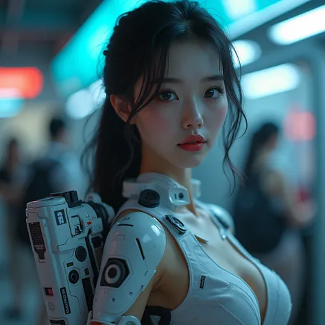 (best quality), future, Realistic, film rendering, (large cleavage,Big tits),(1 girl,korea face sexy , pale skin, (body heigth:140cm), innocent look, Young face,Beauty, photorealistic, a beautiful Asian woman holding a futuristic  sniper rifle, solo, miko ...