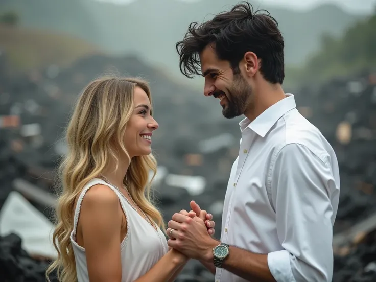 Create a realistic photo of a scene where a tall, handsome man with green eyes and black hair is the boss, powerful and ruthless. He is standing in the garbage dump holding hands with a beautiful blonde woman with long hair and blue eyes. Their clothes are...