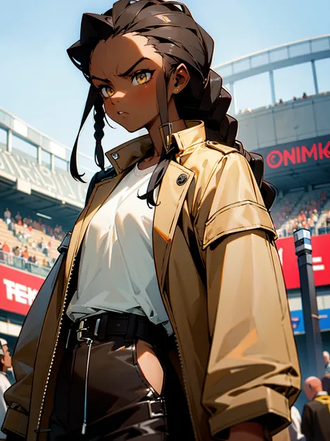 1female, darkskin, braids, biker jacket, beige shirt, serious expression, outside stadium, crowded