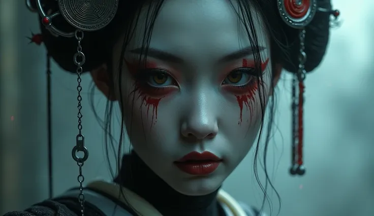 ((Highest quality)), ((masterpiece)), Close Up shot of a Geisha, cyborg parts, creepy, dark movie atmosphere, fog, natural light, cyberpunk background