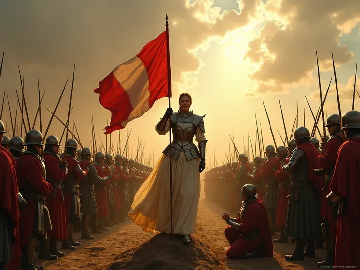 Joan of Arc :  Glory and humility
In the center of the image , Joan of Arc  está de pé sobre um pódio improvisado, radiating purity and strength .  Her armor shines as she holds her flag firmly . Behind her,  the inhabitants of Orleans acclaim fervently , ...