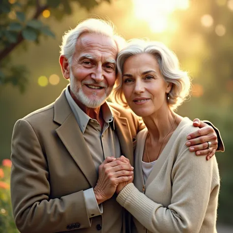 Generate a happy elderly couple posing for a photo. 