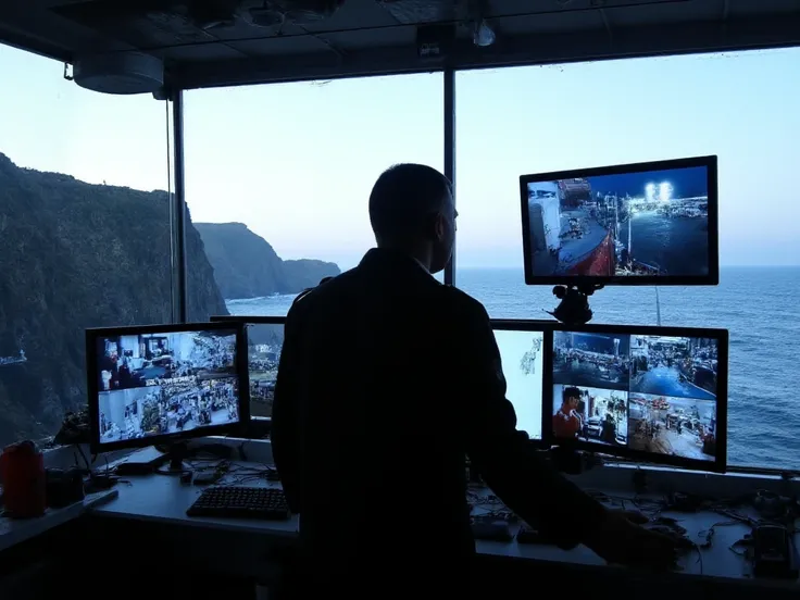 a coastal security guard watching the security cameras