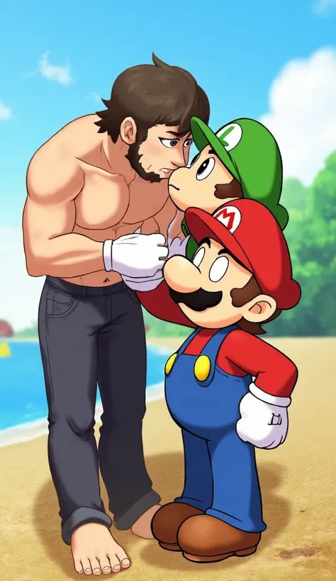 best quality, masterpiece, ultra high resolution, detailed background, Realistic, nintendo illustration, Poster on the cover of the magazine, Luigi Mario, Mario Mario, two, boy, mature man, courageous, Beautiful, muscular, without clothes,[short hair, faci...