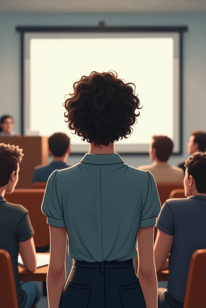  Make a brunette woman with curly short black hair giving a lecture to 10 people, everyone wearing casual clothes and the woman with the back to the image without showing her face 