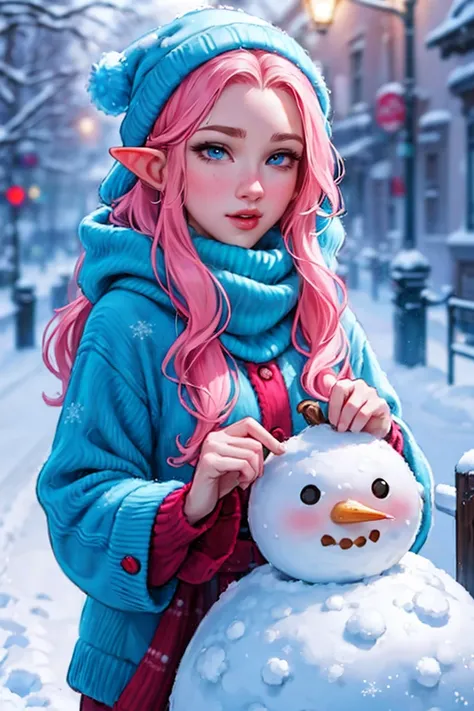 Woman, long wavy hair, blue eyes, pink hair, elf, Christmas, Christmas clothes, winter clothes, snow, cold, snowman, snowy street 