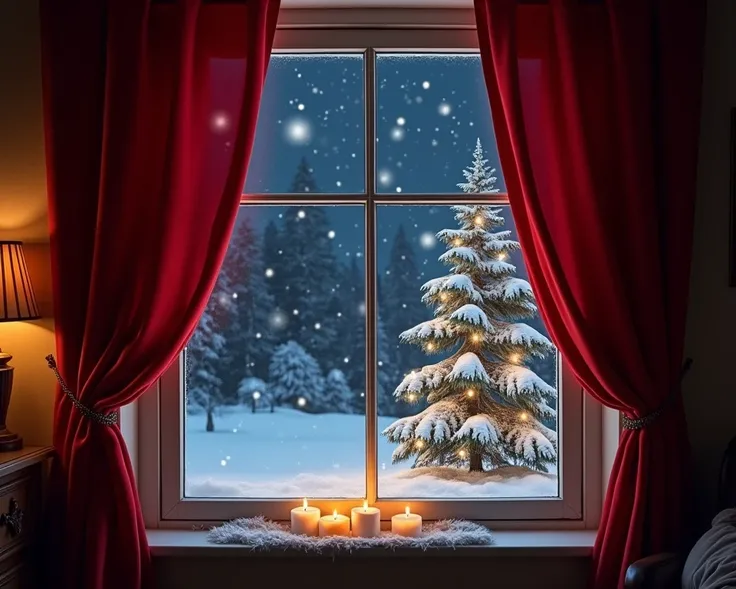 
CHRISTMAS PHOTO BACKGROUND WINDOW WITH RED CURTAINS AND SNOW FALLING AT NIGHT 