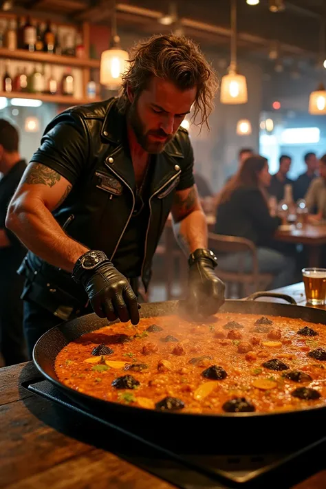 A biker who prepares a large paella in a local bar. wide view 