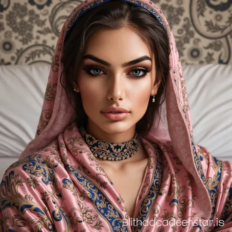 create a realistic hot girl who looks 18 years old muslim women,brown eye , on silk plus velvet bed  wearing a silk shawl 70%silk and 30% velvet fabric royal silk dark blue and golden paisley-patterned floral design arabic shawl pattern. adorned with gold ...