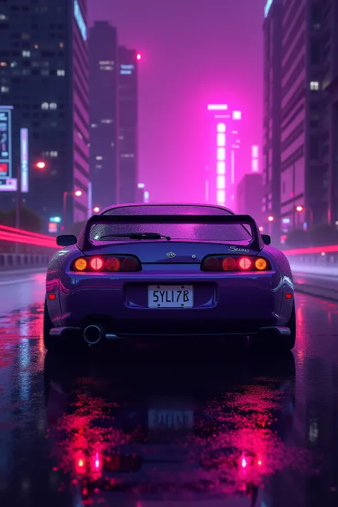 Retrowave, neurodivergent art, 1992 Toyota Supra, purple with neon pink underglow, cityscape, (High Resolution, Masterpiece, Award Winning, Best Quality, Super Detailed, UHD, Retina), From Behind, poster art, Multiple Views, 8K Octane, 