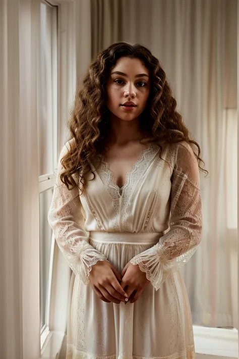  An elegant portrait of a young woman with curly, loose hair , with soft lighting in warm tones .  She is wearing a vintage white lace dress and is standing by a window with transparent curtains,  letting sunlight delicately illuminate her face 