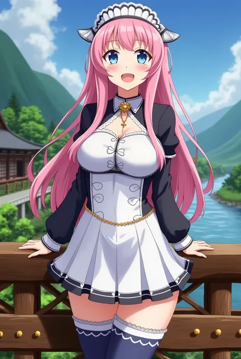 25-year-old adult woman with long pink hair with a vibrant shade.  Her eyes are large and bright blue ,  with a friendly expression . She wears a fitted one-piece maid outfit ,  with details in black and decorative lines in gold.  The suit reveals her neck...