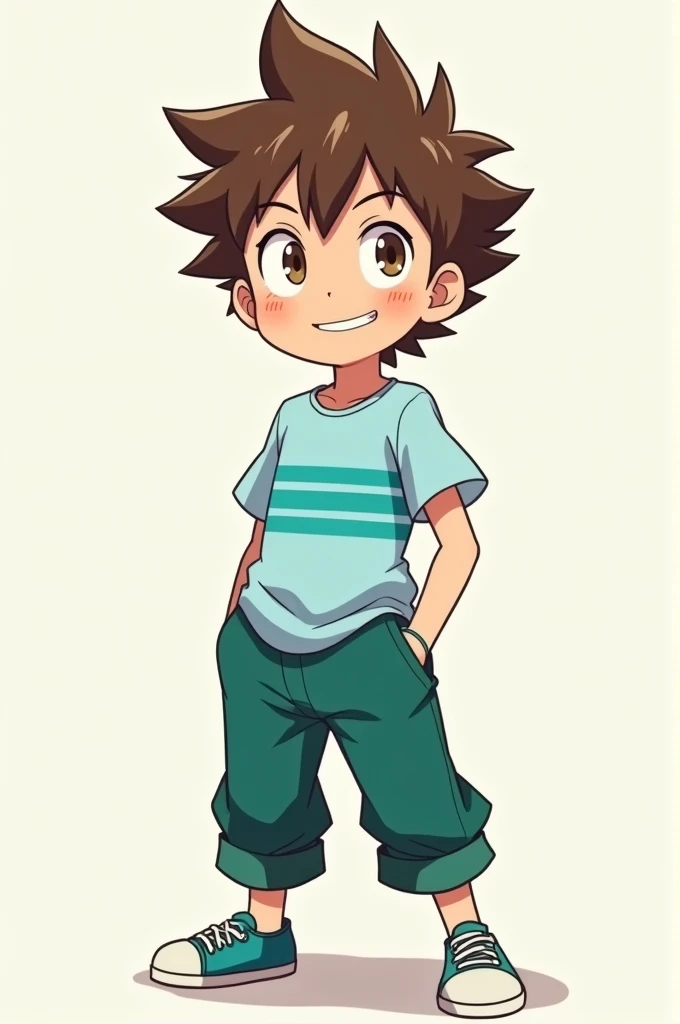 Anime boy with spiky brown hair, a light blue shirt with turquoise stripes going across horizontally, and a pair of green pants 