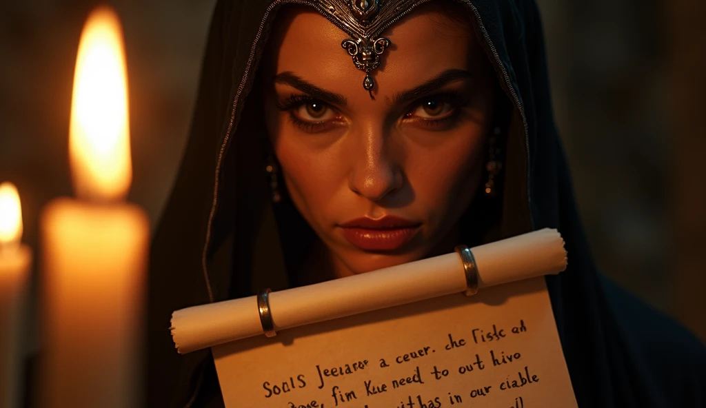 A close-up shot of Queen Jezebel, her face fierce and determined, illuminated by flickering candlelight, holding a scroll with a threatening message.
