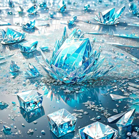 conceptual installation art, falling ice drops, shattering on the ground, background iridescent Tiffany Blue, (ultra detailed, absolutely resolution, best quality:1.3), 2.5D, delicate and dynamic effects, glitter effects, artistic, artistic photography, hy...