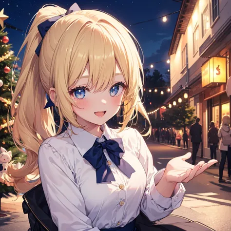 ( Best Quality、8k、masterpiece))、(( 1 girl))、((cute))、 big smile、 blushes her cheeks 、 opening mouth、 blonde hair 、 ponytail、 super detailed face、Ultra-detailed eyes、Ultra detailed hair、navy blue blazer over white shirt and purple bow tie、White Skirt、Sparkl...