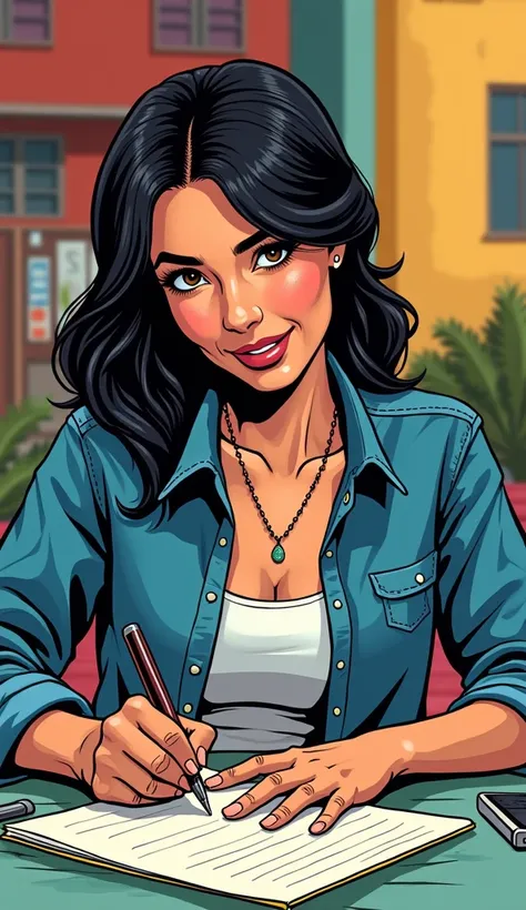 DISCREET image. with discreet casual clothes. image adult woman, american, comic book style. with a discreet smile. writing on a paper. IMAGES WITH VIBRANT COLORS.