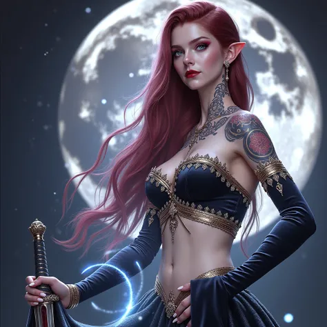 A tall and imposing woman stands under the moonlight, her porcelain skin glowing with an ethereal radiance. Her deep, vibrant red hair flows like a river of blood, shimmering in the moons glow with hints of dark crimson and rich ruby, cascading in soft wav...