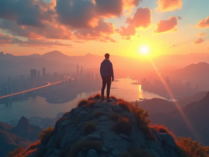 " A young man standing on a mountain at dawn ,  looking at a horizon full of futuristic cities and dreamy landscapes,  with a brilliant path that leads him to the horizon . It represents ambition and clear goals ."