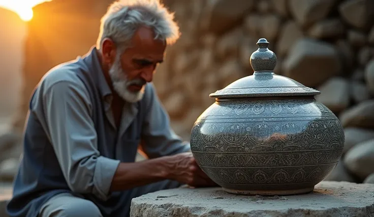 a Pakistani man demonstrating the magic of Pakistani craftsmanship making stone pots with stone lids amazing masterpieces, gray and black stone ,  at sunset , Make me a shiny stone pot that shines

