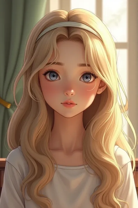 Girl about 14 or  ,  with a hairband and long loose blonde hair,  semi-realistic style 
