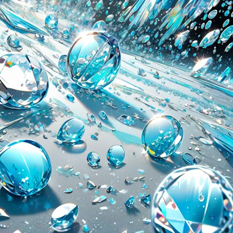 conceptual installation art, falling ice drops, shattering on the ground, background iridescent Tiffany Blue, (ultra detailed, absolutely resolution, best quality:1.3), 2.5D, delicate and dynamic effects, glitter effects, artistic, artistic photography, hy...