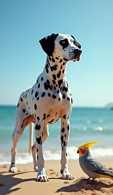 Dalmatian dog: "A beautiful Dalmatian dog standing on a beach, its body fully visible and muscular, showcasing its black-and-white spotted fur. The background features calm ocean waves and a serene sky, creating a natural and peaceful scene."

Cockatiel bi...