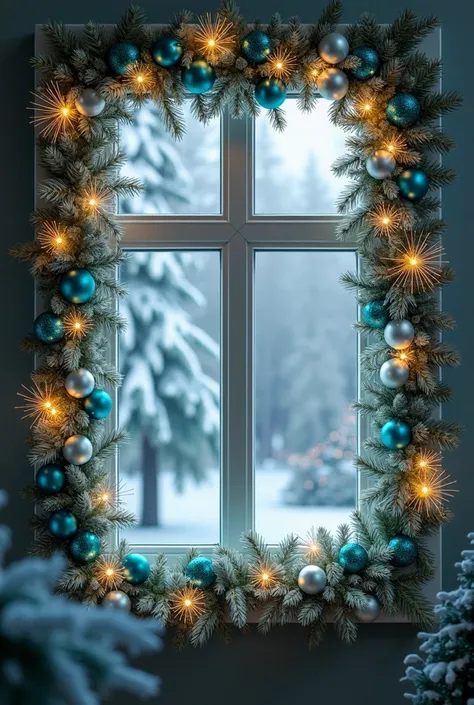 Christmas decor on the window,white and emerald fir branches,balls of blue,light blue,silver,pink opal, garland glowing,fabulous,professional photo, beautiful,5d, realistic, high resolution, high detail, cgi, hyperrealism, f/16, 1/300s.