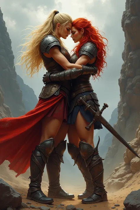 Two female warriors embraced (a blonde and a redhead)